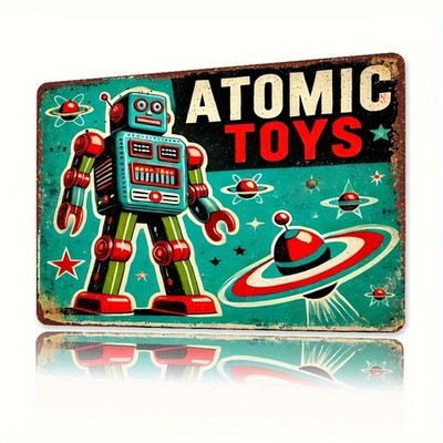 Tin Metal Signs Home Décor Vintage Atomic Robot & UFO Wall Retro-Futuristic Sci-