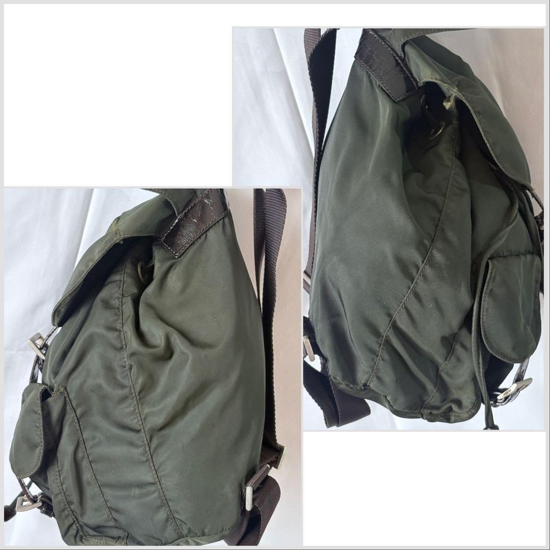 PRADA Nylon Leather Backpack Khaki Green Triangle Plate with Storage Bag Stains thumbnail 9