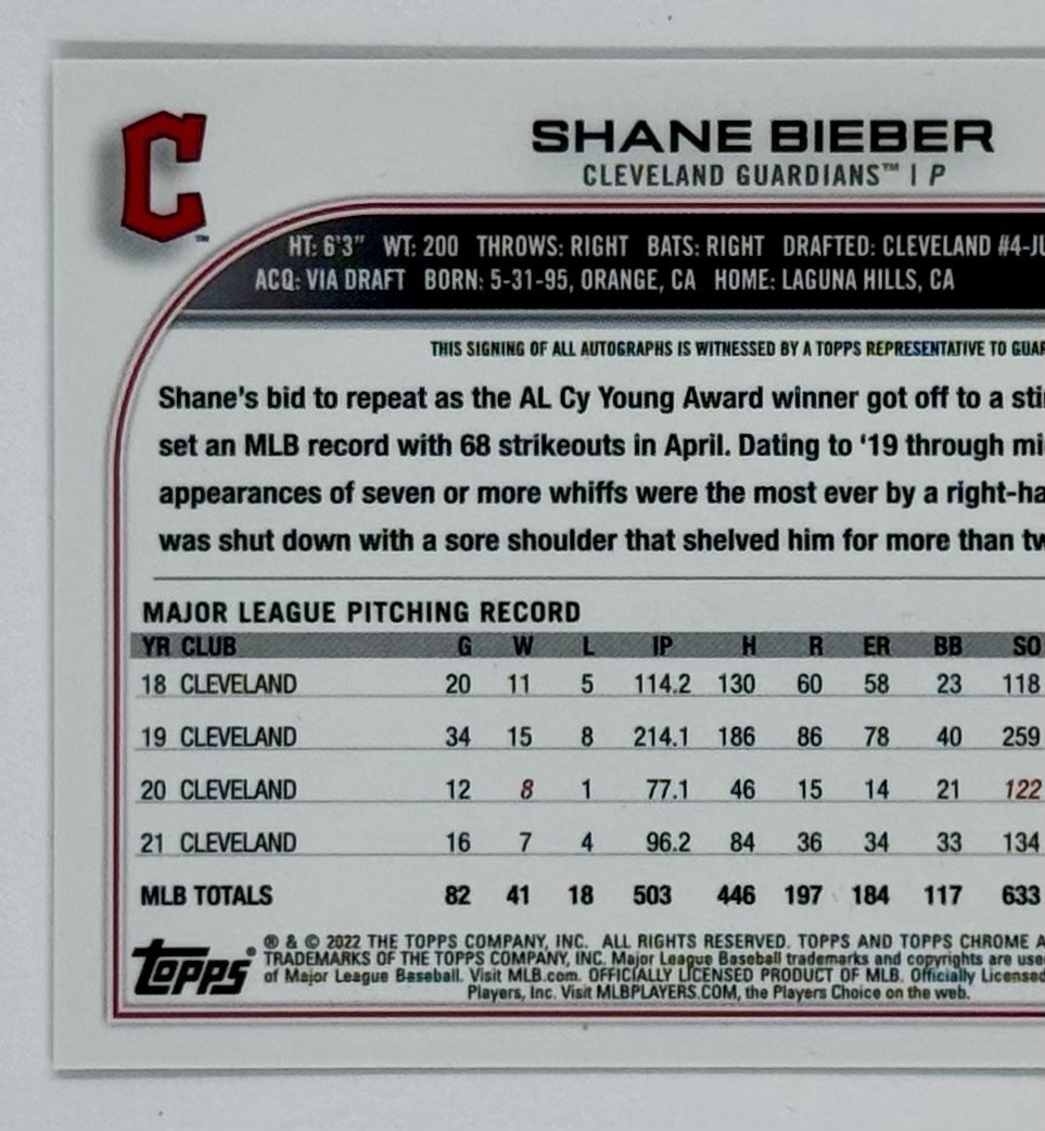 2022 Topps Chrome Gilded Baseball Shane Bieber #GEA-SB Gold Etch Auto /75 view 5