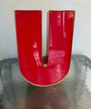 Reclaimed Vintage Red Acrylic With Gold Trim Channel Letter U Retro Urban Decor