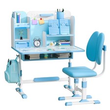 New Height Adjustable Kids Study Desk Chair Set with Corrector Book Stand Blue