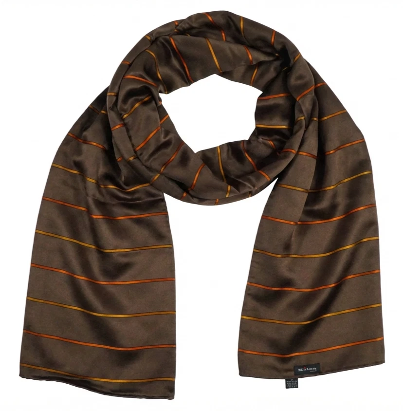 $700 NWOT Kiton Brown w Bronze Stripes Men's Satin Silk Scarf Italy 12"X60"