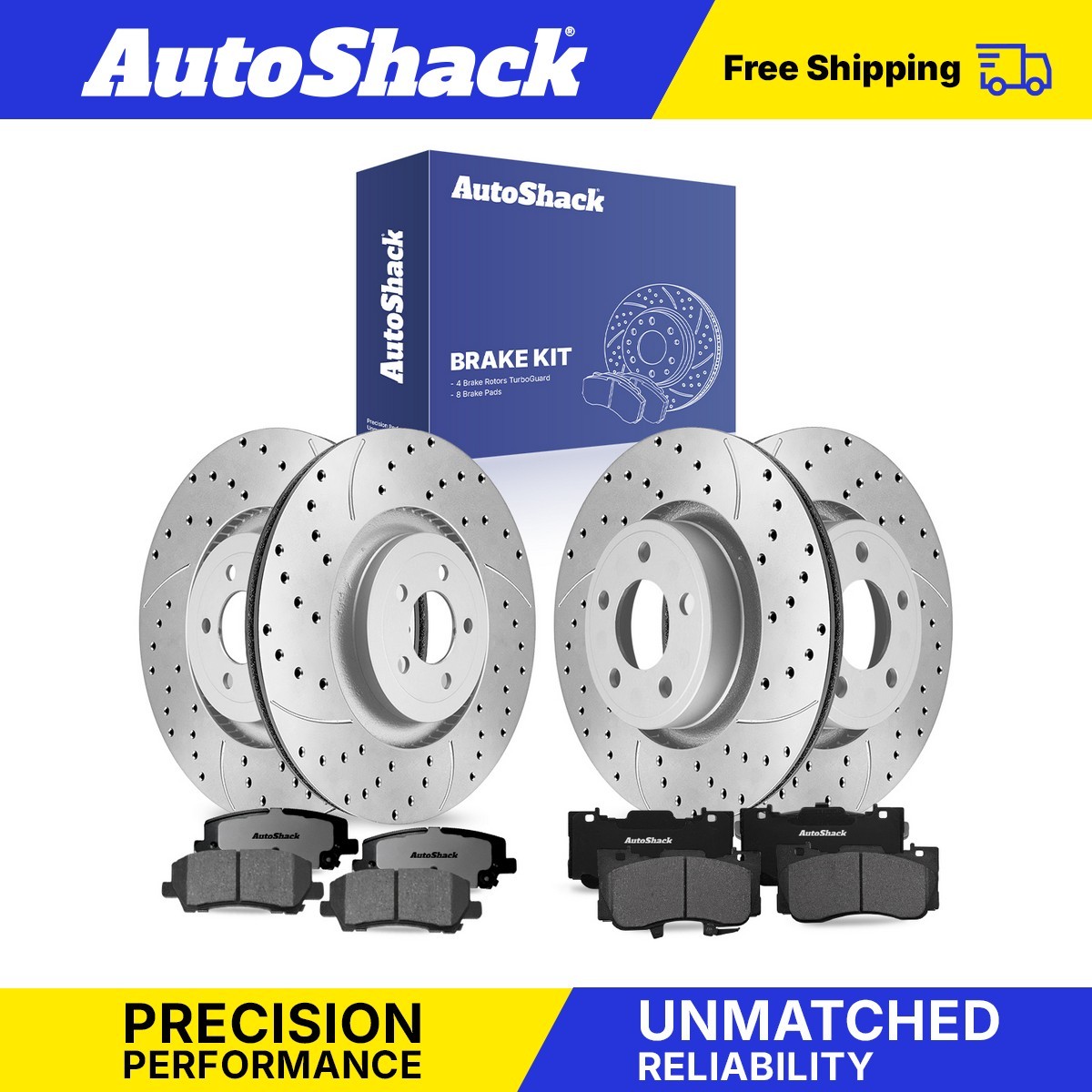 High-Performance Front & Rear Drilled Slotted Brake Rotors with Ceramic Pads for Ford Mustang