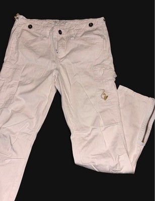 Baby Phat White Solid Cargo Pants Cotton, Pockets Gold Buckle Button and Zippers