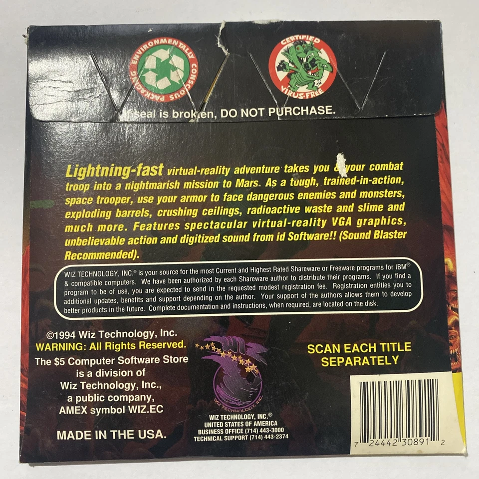 DOOM SHAREWARE ID SOFTWARE 1994 on 3.5" Floppy Disks UNOPENED NEW SEALED - Image 3 of 4