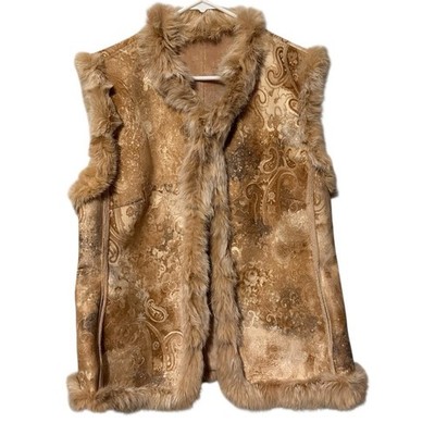 Hucke Woman Vest Tan Paisley Rabbit Fur Trim Germany US 14 Festival Vintage Boho