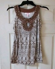 Lena Petites Women S Brown Sleeveless Bling Bead Neck Top Tribal Aztec Boho READ