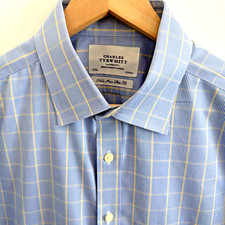 Charles Tyrwhitt Dress Shirt 17 35 Slim Fit Blue White Plaid Non Iron Sharp