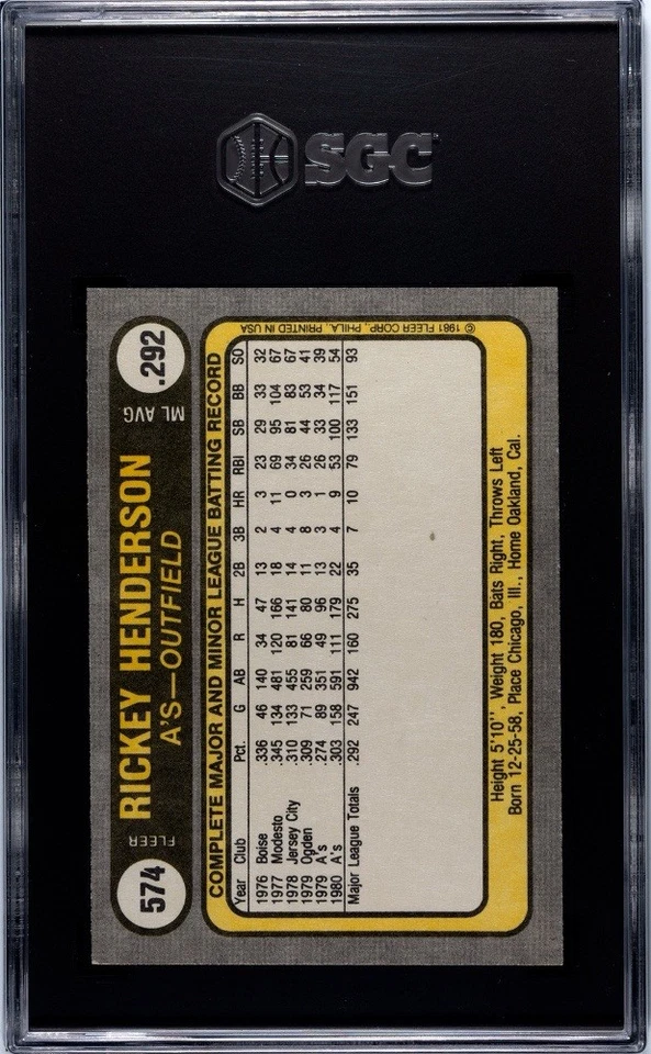 1981 Fleer Rickey Henderson #351 SGC 8 NM MT MLB HOF MLB Oakland Athletics - Image 4 of 4