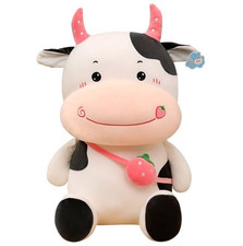 Soft Cow Plush Stuffed Animal, Strawberry Character, White Black Pink, Medium