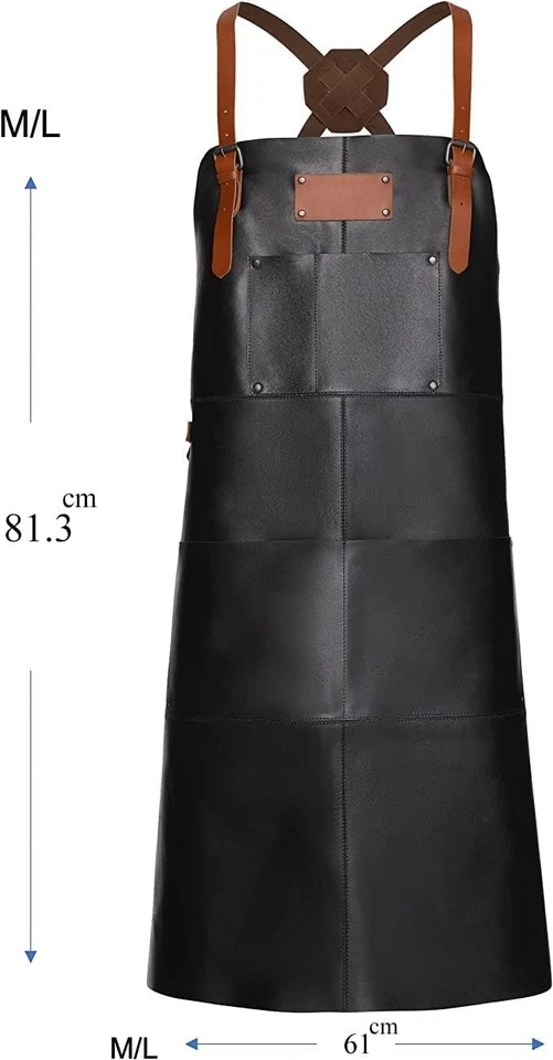 Delantales de cuero negro para hombre delantal cruzado con bolsillos - Imagen 3 de 4