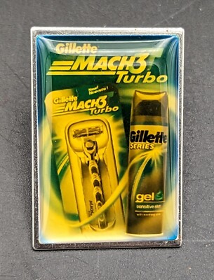 Vintage GILLETTE Mach 3 Turbo Razor & Gel Promo BUTTON PIN Union Made USA