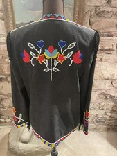 Fabulous Vintage Privata Native American Style Beaded Black Denim Jacket SZ S/M