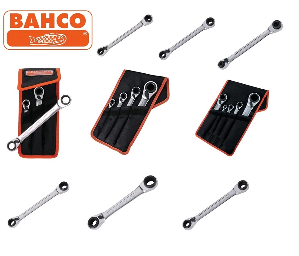 Tensores de trinquete bihexadecimales de anillo reversible de doble extremo BAHCO S4RM, todos los tamaños y juegos