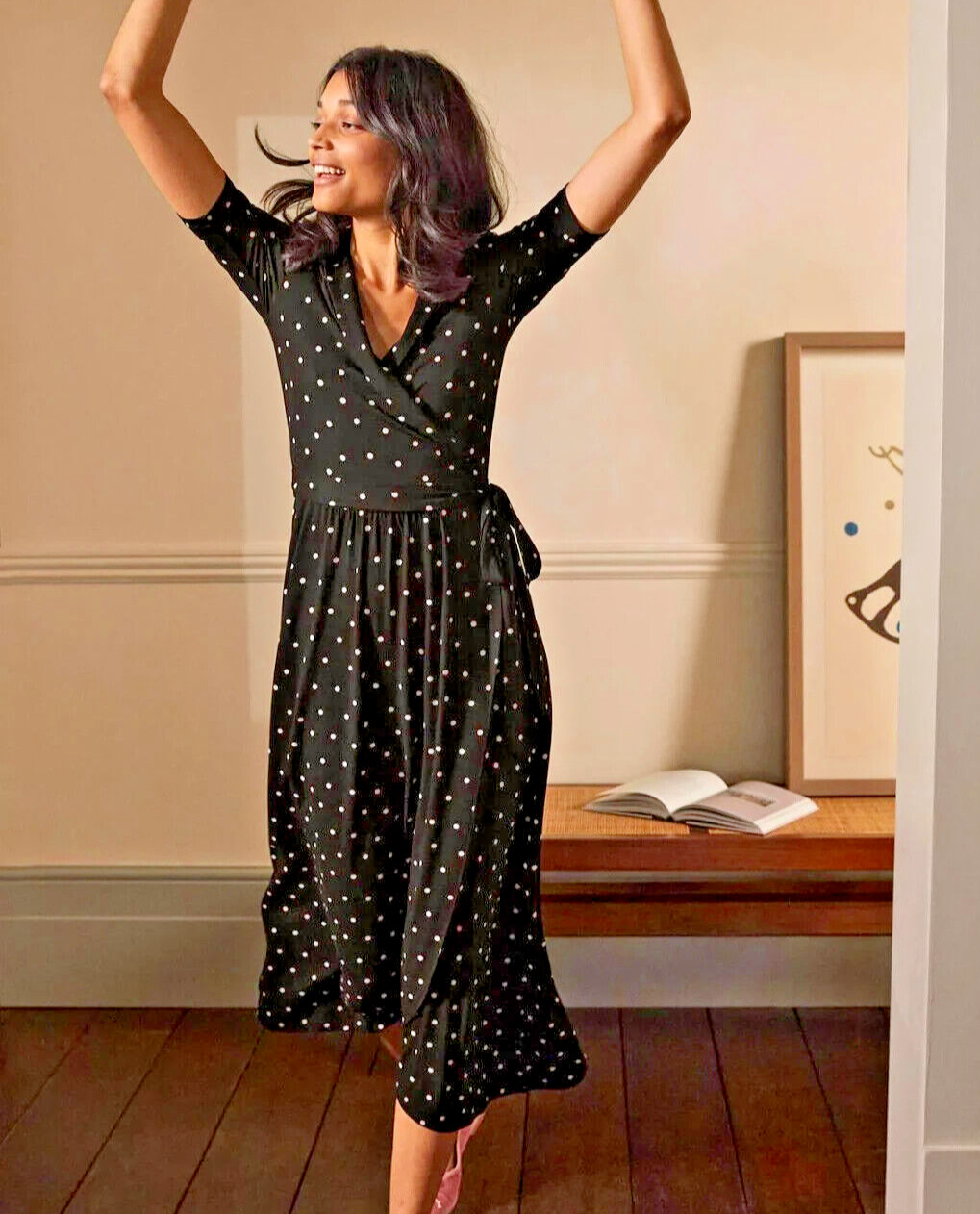 Boden Lavinia Black pink Polka Dot Wrap Dress Midi Sz… Gem