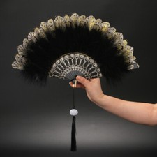 1x Lace Feather Folding Fan Fluffy Hand Fan Gothic for Wedding Dance Stage Retro