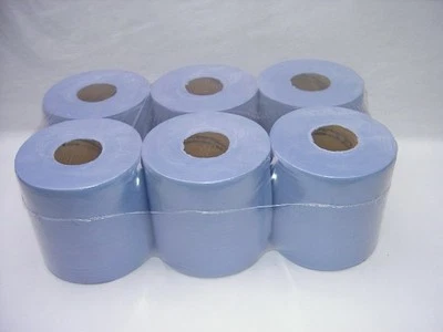 PLUTO 48 PACK 2 PLY BLUE EMBOSSED CENTRE FEED PAPER WIPE ROLLS