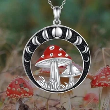 Retro Moon Red Mushroom Pendant Necklace Men Women Holiday Birthday Gift