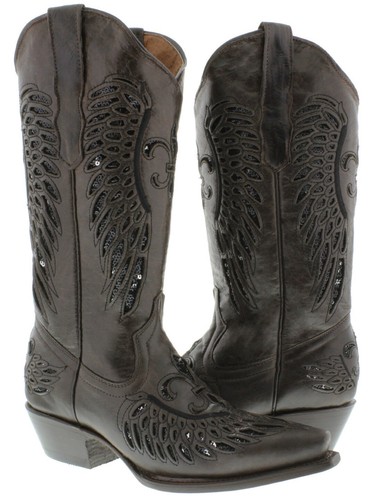 Womens Cowboy Boots Brown Fleur-De-Lis Wings Black Sequins Snip Toe Size 5, 10.5 - Picture 2 of 5