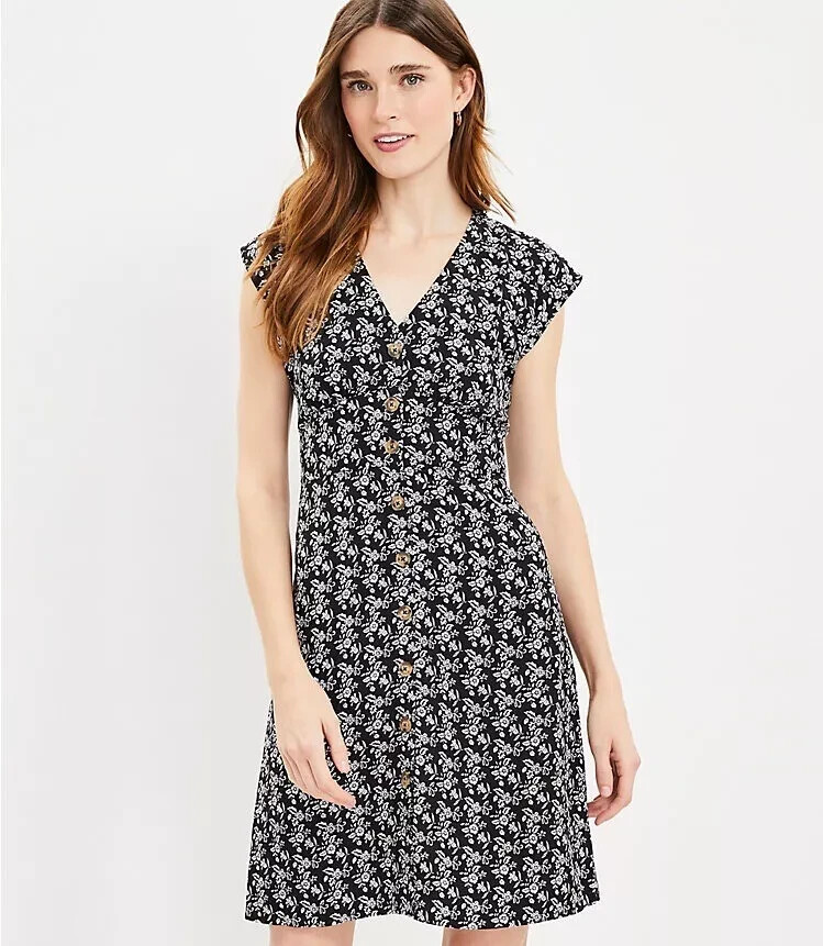 LOFT Bloom Button Flare Dress Floral Black & White Women’s Size 14 Linen Blend