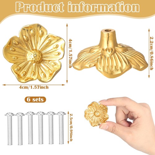 6 Pack Flower Cabinet Knobs Gold Brass Drawer Knobs Floral Shape Dressers Pul... - 第 2/6 張圖片