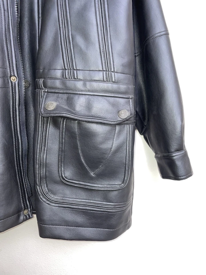Chaqueta de Cuero Vintage Negro Botón Cremallera Cuero Abrigo Largo Para Hombre XL Foto 4 de 4