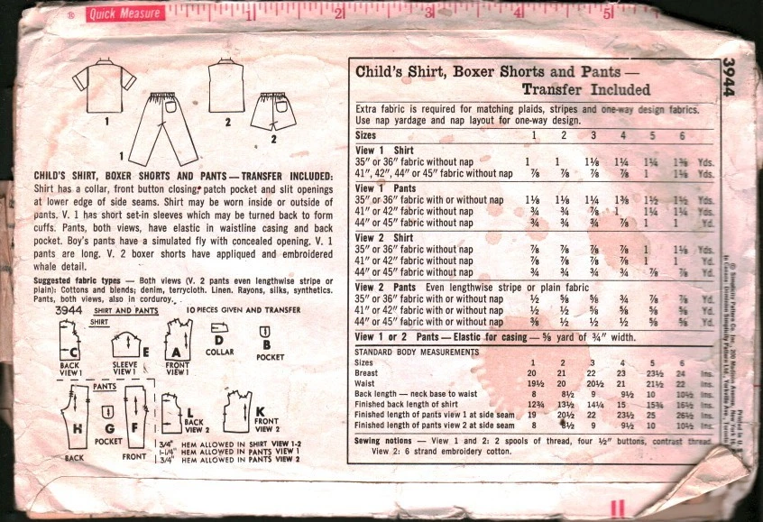 3944 Vintage Simplicity Sewing Pattern Boys 1960s Button Front Shirt Pants Short - Image 2 of 2