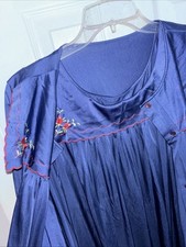 VTG Shadowline Nightgown Robe Set Womens Large Navy Red Floral Embroidery Midi