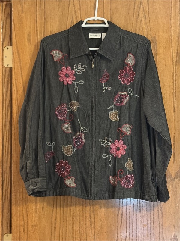 Breckenridge Women 100% Cotton Black Denim Embroidered Full Zip Jacket Size 1X
