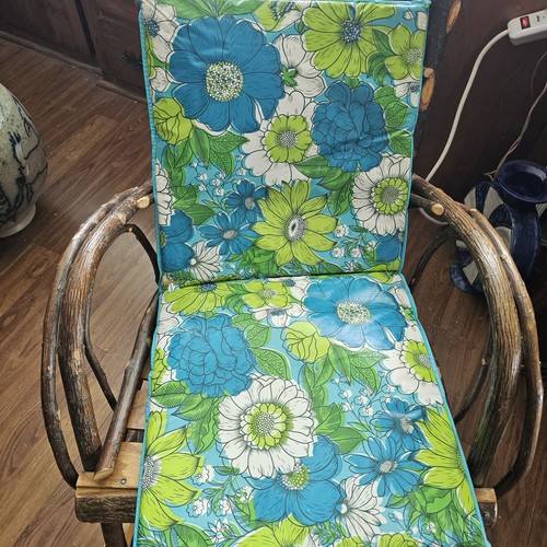 Vintage Vinyl Outdoor Seat Chair Cushion Floral Green Blue 16x32 Retro 60s 70s