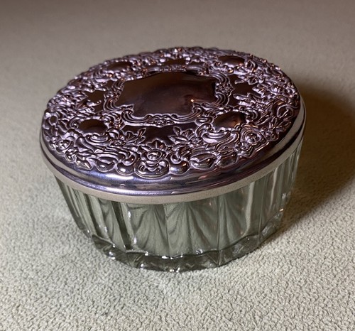 Vintage Crystal And Silver plate Victorian Style Powder Jar/Trinket Box W/mirror