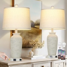 Set of 2 Touch Control 25-Inch Table Lamps with USB and Type-C Ports and Drum