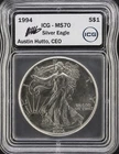 ICG 1994 $1 American Silver Eagle MS 70 Signed By Austin Hutto President