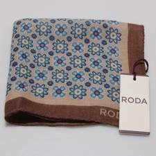 Roda NWT 100 Wool Pocket Square In Brown with Blues Cream Floral Print