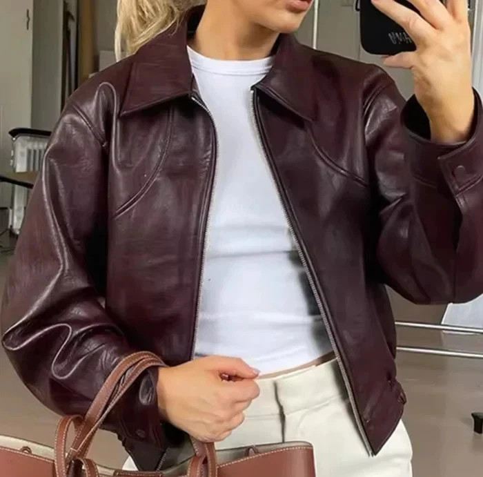 Women’s Lambskin Leather Bomber Jacket Burgundy Oversized Trendy Designer Coat