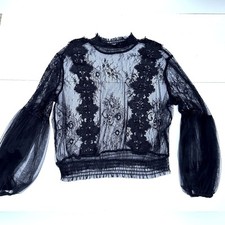 Women s Black Sheer Lace Blouse With Mock Turtleneck Balloon Long Sleeves