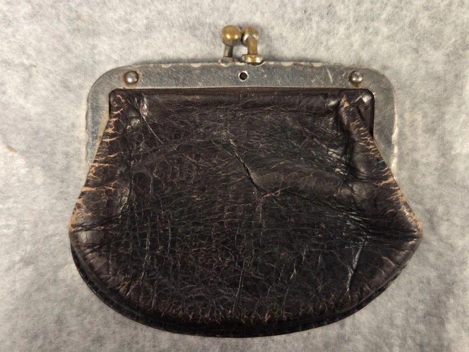 Лот из 2 антикварных кожаных кошельков для монет застежки Kiss - Изображение 3 из 4