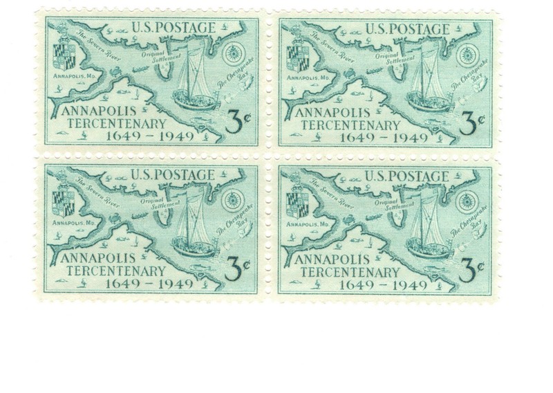 U.S. Scott #984, P.B. of 4, Annapolis Tercentenary 1649-1949, F-VF, MNH