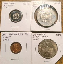 1966-1974 UGANDA JAMAICA B.V.I. 4 COINS 1-5-25 CENTS (PROOF) + 2 SHILLINGS (UNC)