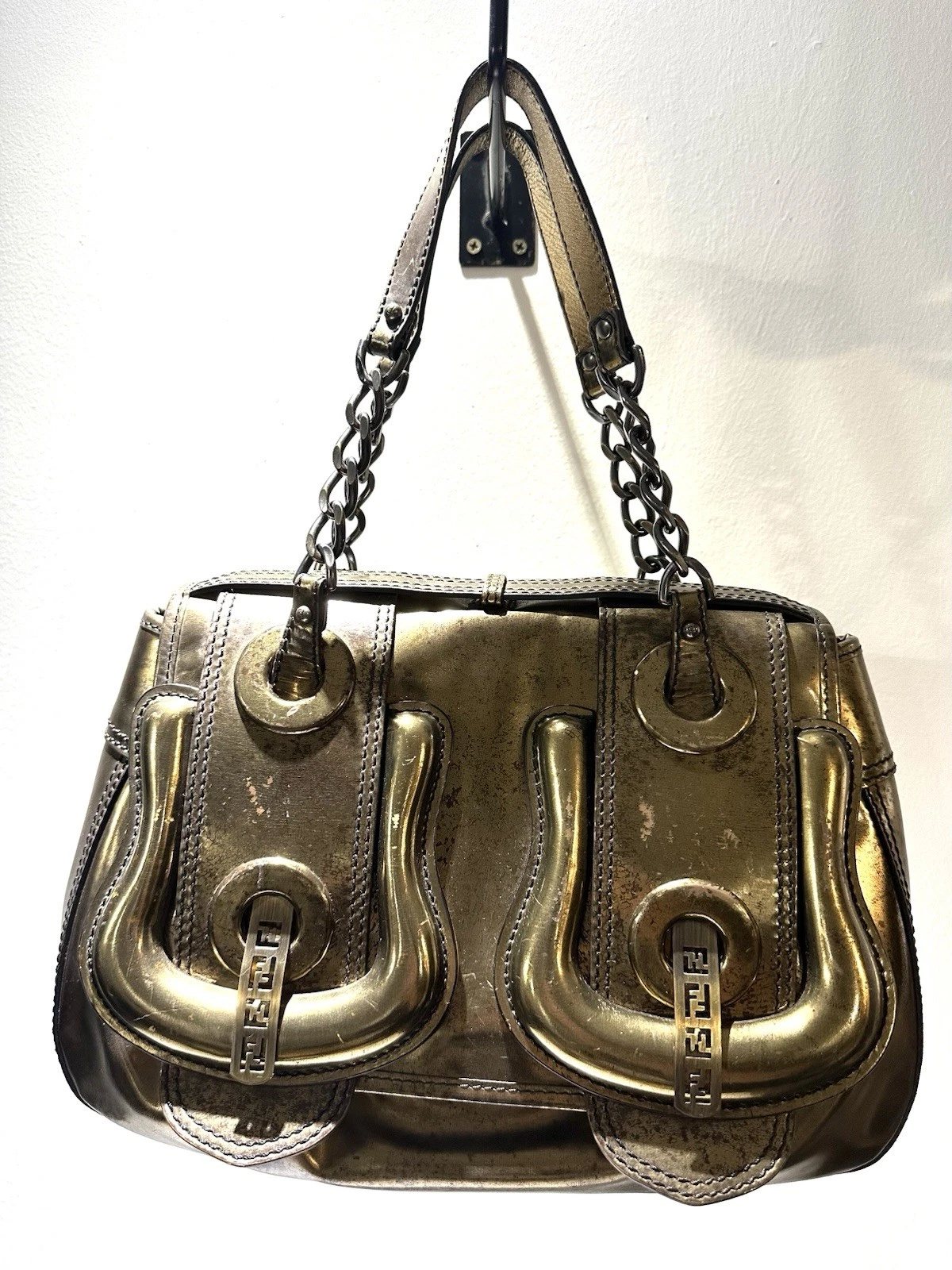 Fendi — FENDI B Bag Metallic Bronze Gold Vintage Double Buckle Shoulder Patent Leather