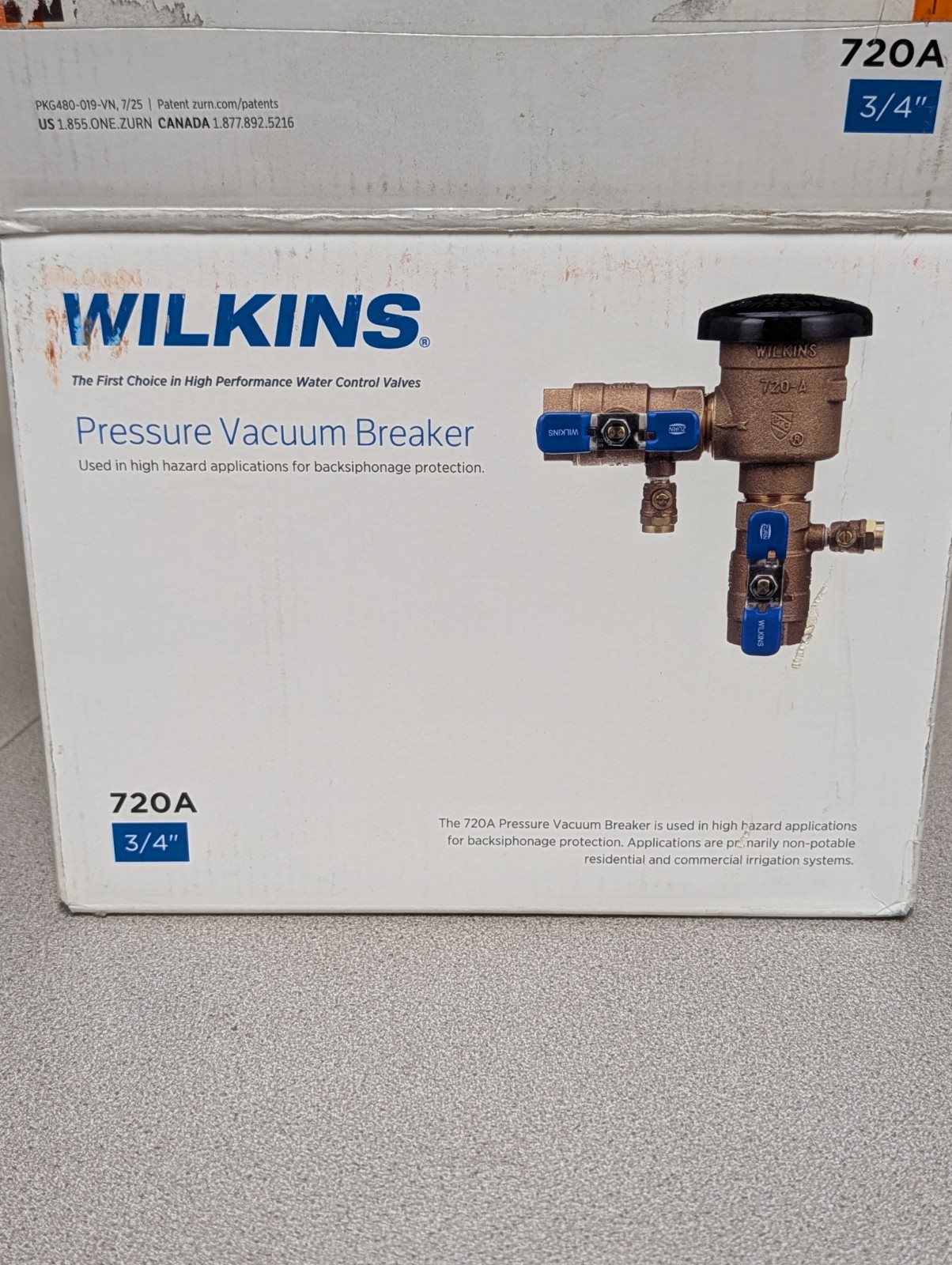 Zurn 34-720A Wilkins 3/4In. 150 PSI Pressure Vacuum Breaker Assembly NEW