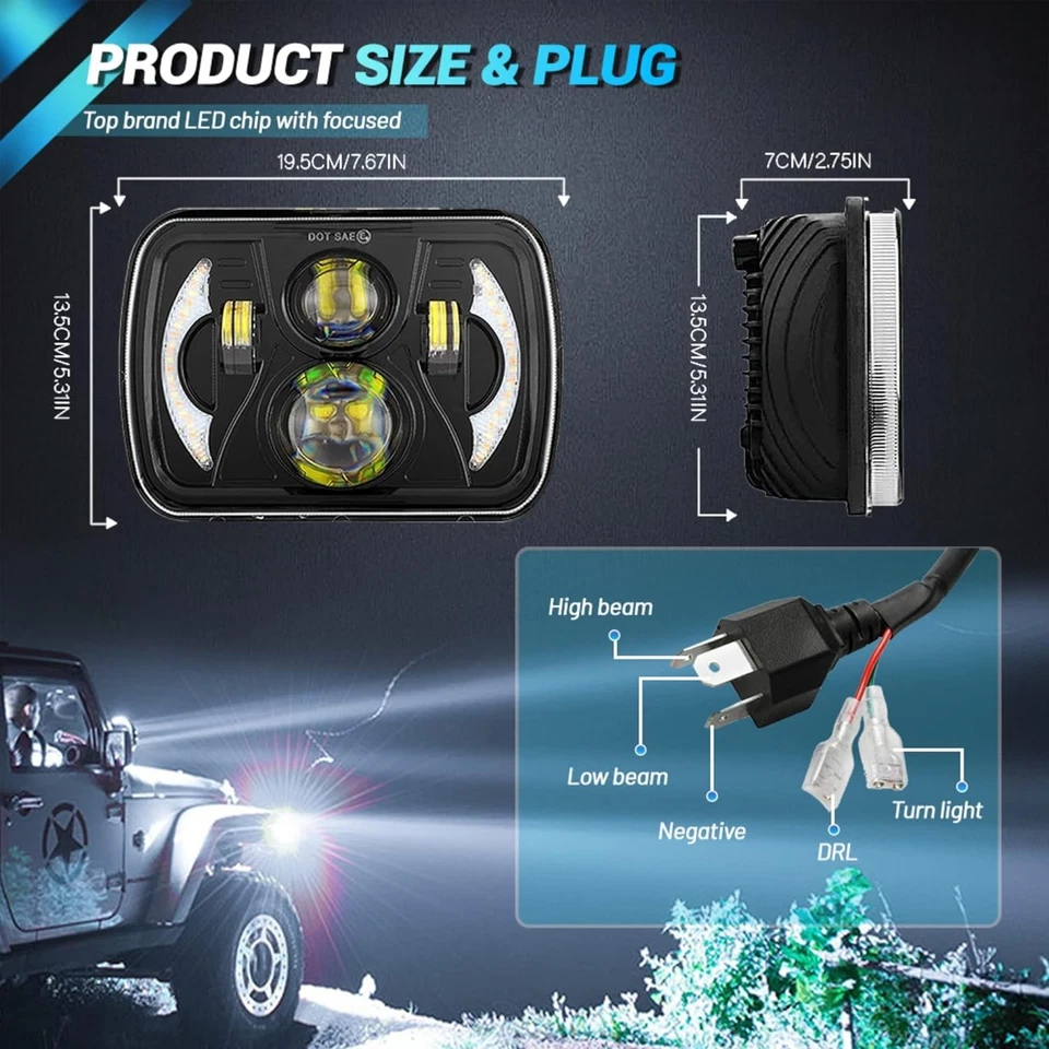 Par de faros LED 5x7" 7x6" haz sellado alto-bajo para Jeep Cherokee XJ Wrangler YJ Foto 2 de 4