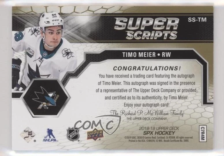 2018-19 SPx Superscripts Timo Meier #SS-TM Auto - Image 2 of 2