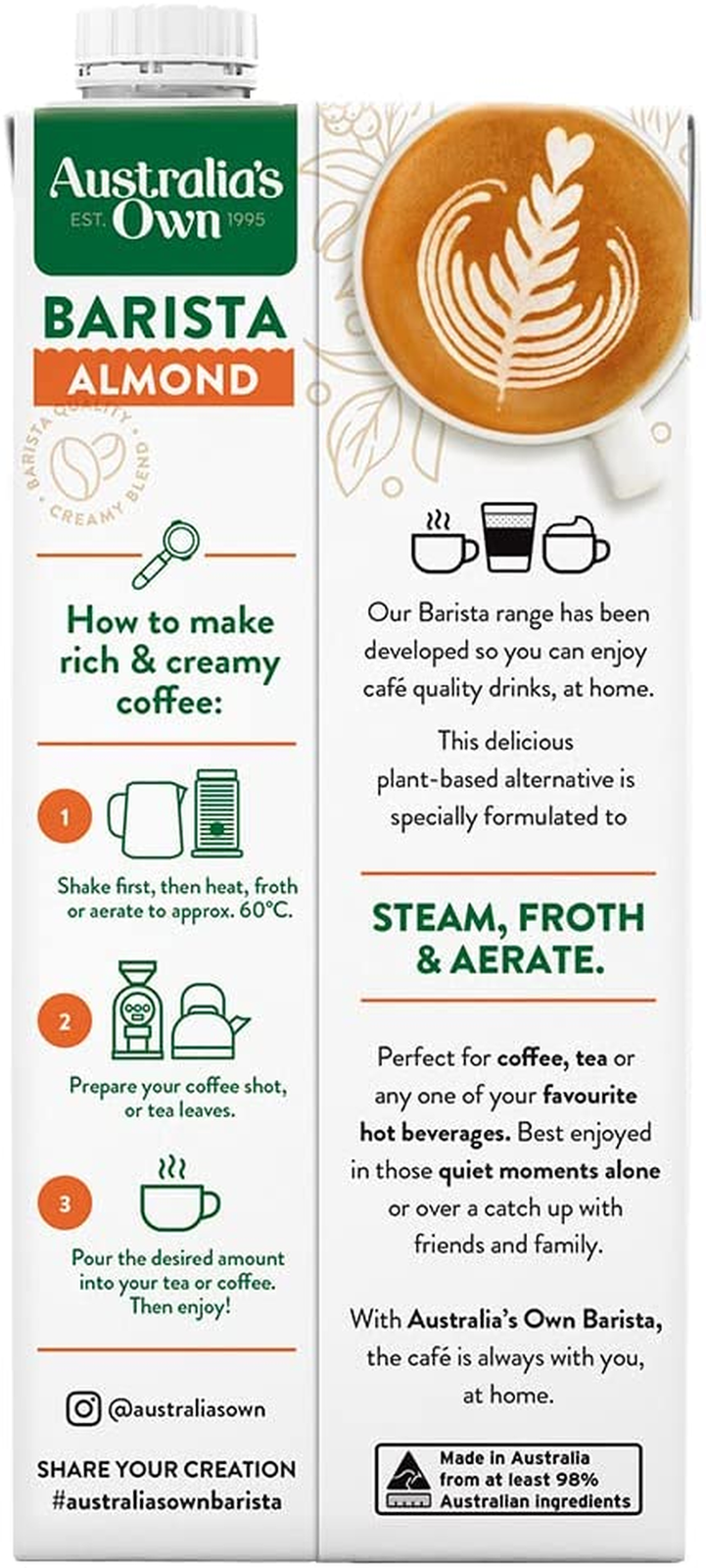 Australia'S Own Barista Almond Milk 1L Barista Milk for Coffee, Latte
