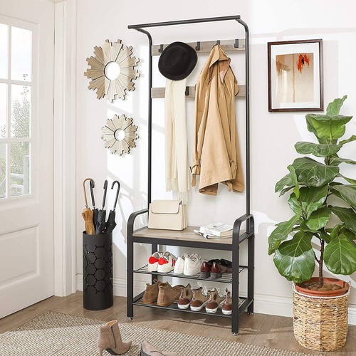 Greige and Black Steel Freestanding Coat Rack Stand with Removable Hooks, Bench - Picture 2 of 7