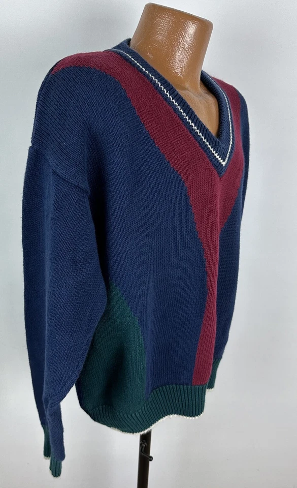 Vintage 90s Color Block Sweater Mens Large Navy Blue Burgundy Forest Green Golf  - Image 2 of 4