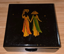 Vintage Set Of Eight Japanese Laquer Style Square Coasters With Box & Lid