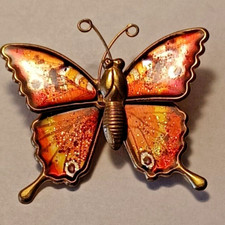 Red Multicolor Enamel Gold Tone Butterfly Pin Brooch 1970's