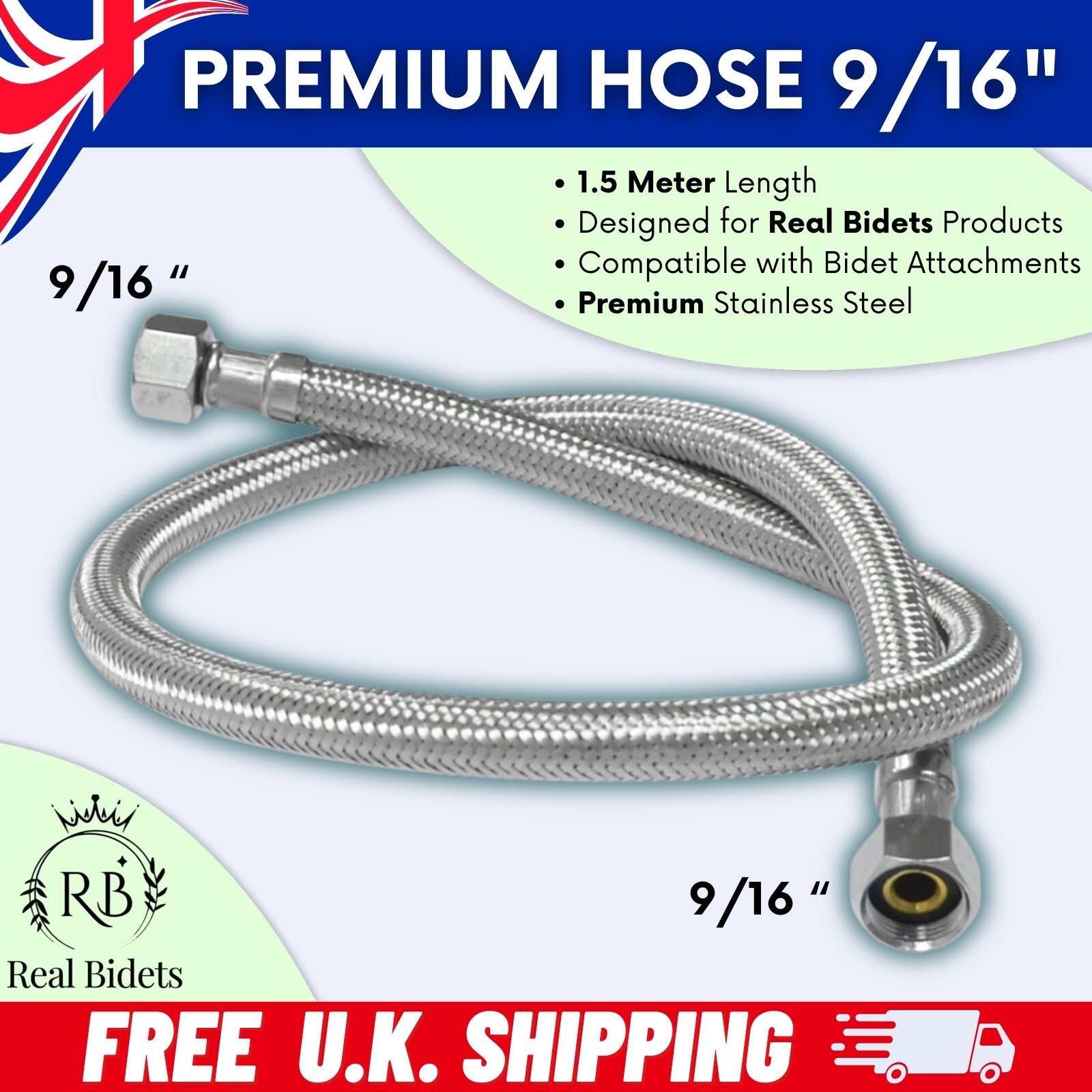 Extensión de manguera de bidé de acero inoxidable REAL BIDETS G9/16" 1,1 m | Ajuste universal