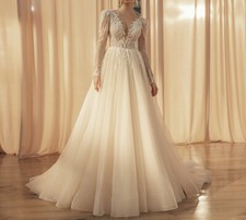 Wedding Dresses V-Neck Long Sleeve Lace Beaded Applique A-Line Bridal Gown Train